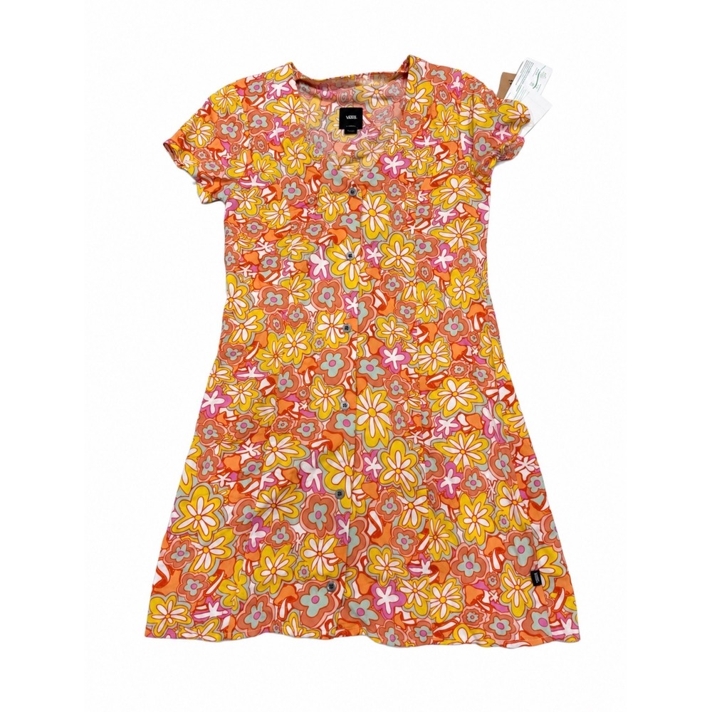Vans Floral Button Front Mini Dress Women XS Orange Retro Y2K NWT VN00073TBM5